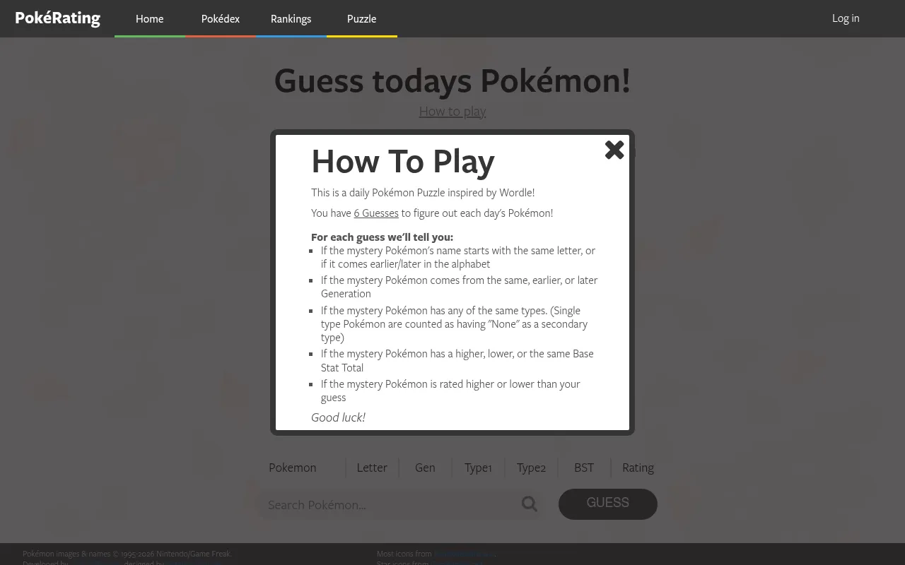 PokéRating daily puzzle Guess todays Pokémon with its How To Play box open over the clue columns Letter, Gen, Type1, Type2, BST and Rating and the Pokémon search box