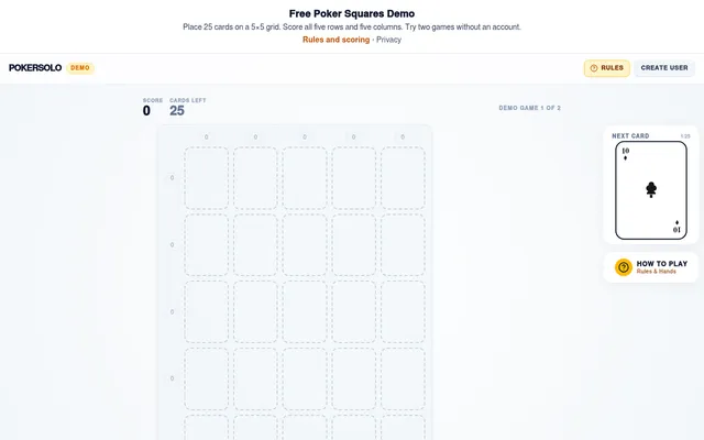 PokerSolo demo game: an empty 5x5 Poker Squares grid with row and column scores at zero, 25 cards left and the 10 of clubs as the next card