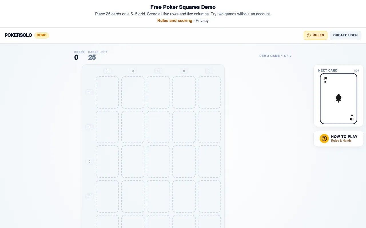 PokerSolo demo game: an empty 5x5 Poker Squares grid with row and column scores at zero, 25 cards left and the 10 of clubs as the next card