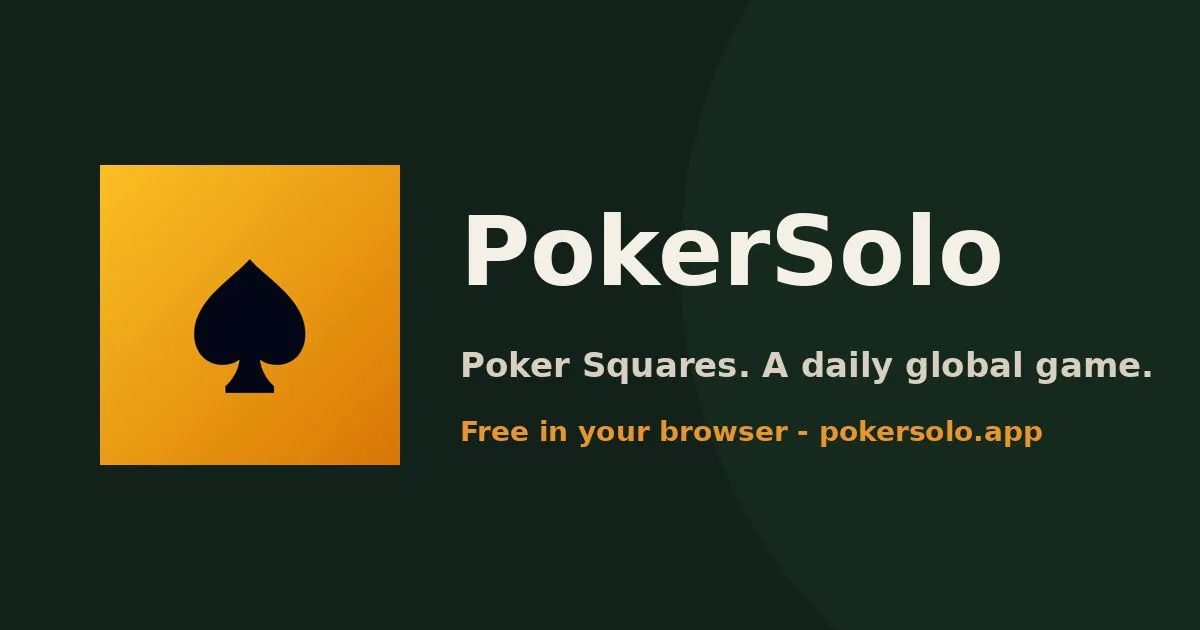 PokerSolo logo, a black spade on an orange square, with the line Poker Squares. A daily global game.