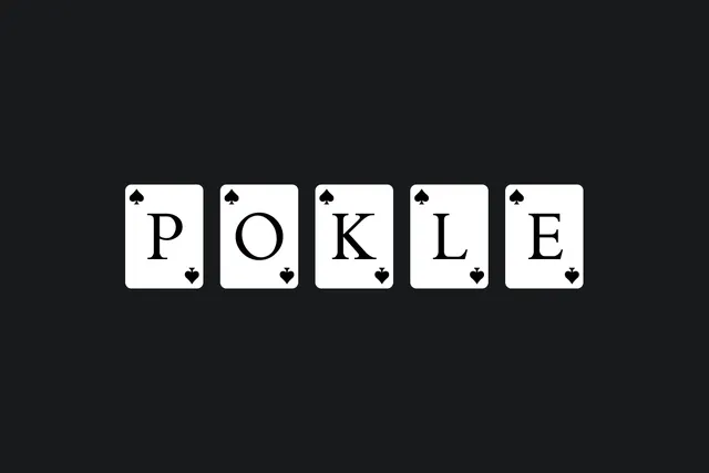 The word POKLE spelled on five white playing cards marked with spades, on a dark background
