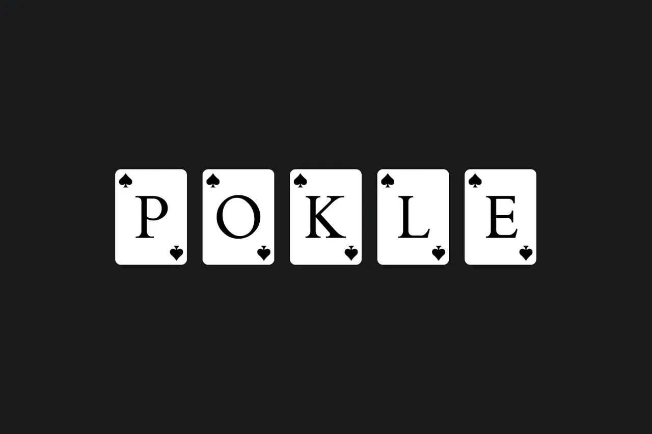 The word POKLE spelled on five white playing cards marked with spades, on a dark background