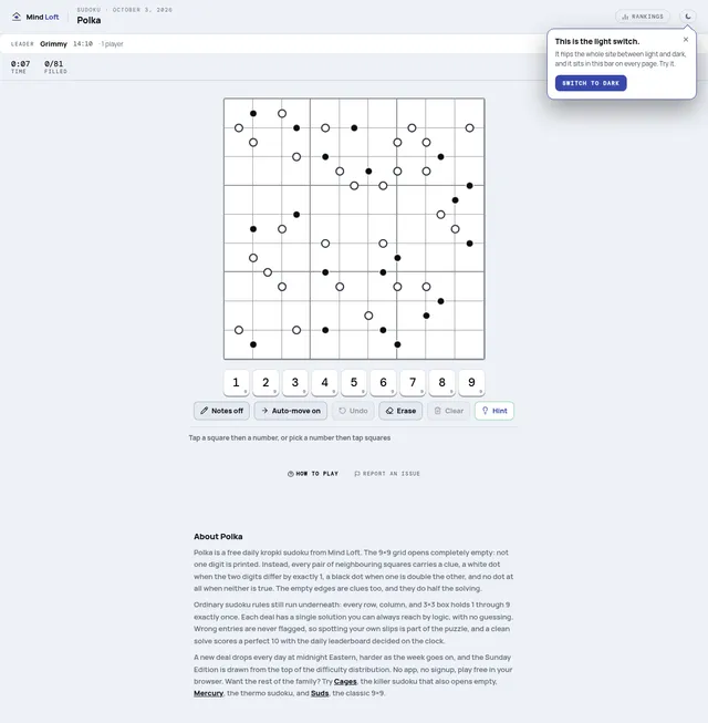 Polka on Mind Loft for October 3, 2026: an empty 9x9 sudoku grid with white and black dots on the borders between squares, above a number pad and Notes, Auto-move, Undo, Erase, Clear and Hint buttons