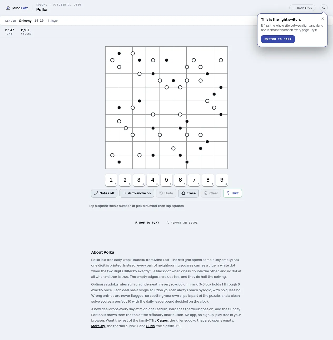 Polka on Mind Loft for October 3, 2026: an empty 9x9 sudoku grid with white and black dots on the borders between squares, above a number pad and Notes, Auto-move, Undo, Erase, Clear and Hint buttons