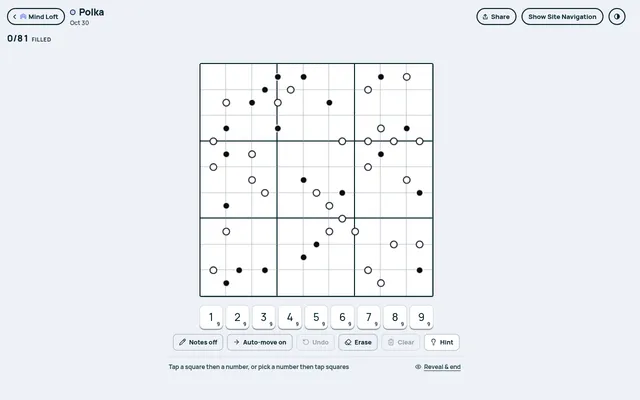 Polka on Mind Loft for October 30, 2026: an empty 9x9 kropki sudoku grid with white and black dots between squares, a number pad and Notes, Auto-move, Undo, Erase, Clear and Hint buttons