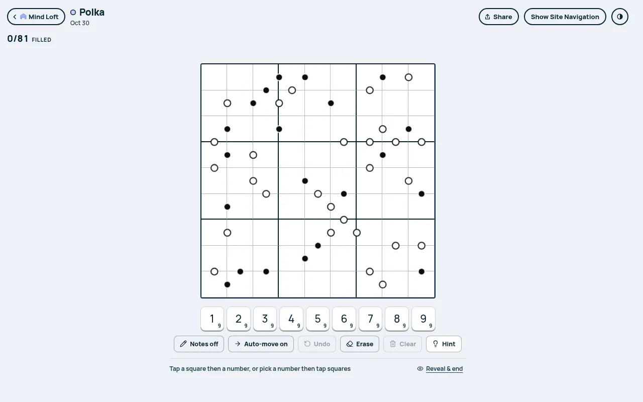Polka on Mind Loft for October 30, 2026: an empty 9x9 kropki sudoku grid with white and black dots between squares, a number pad and Notes, Auto-move, Undo, Erase, Clear and Hint buttons