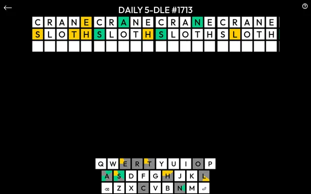 Polydle's Daily 5-dle #1713 on a desktop: guesses CRANE and SLOTH coloured green and yellow across five boards side by side, above a split-colour keyboard