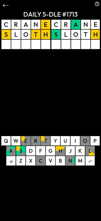 Polydle's Daily 5-dle #1713 at phone size: two of the five boards with guesses CRANE and SLOTH, the rest a sideways scroll away, above the keyboard