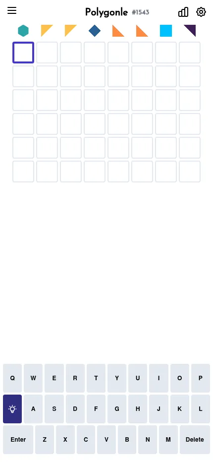 Polygonle #1543 at phone size: the row of eight shapes, an empty six-row grid and the keyboard at the bottom