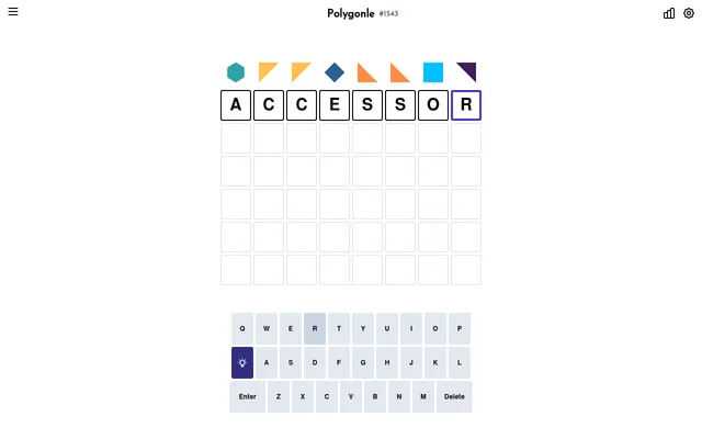 Polygonle #1543 board on 21 October 2026: eight coloured shapes above the grid with ACCESSOR typed in the first row, and the on-screen keyboard