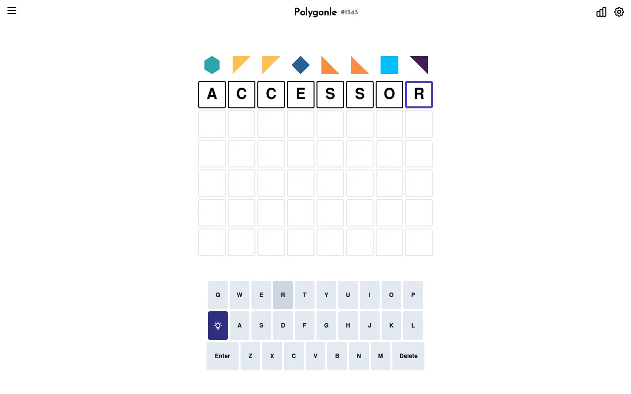 Polygonle #1543 board on 21 October 2026: eight coloured shapes above the grid with ACCESSOR typed in the first row, and the on-screen keyboard