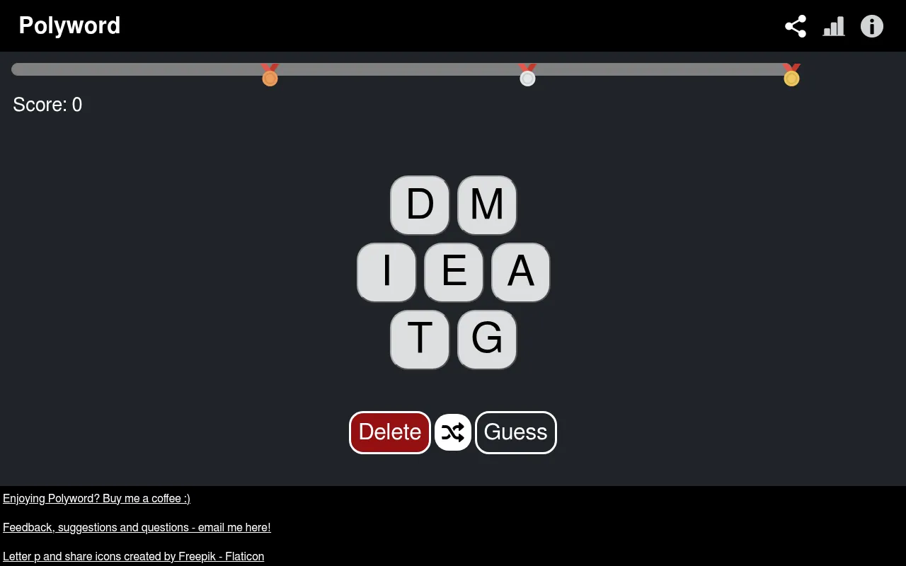 Polyword's board: seven letter tiles D, M, I, E, A, T and G in a honeycomb, a score bar with bronze, silver and gold medals, and Delete, shuffle and Guess buttons