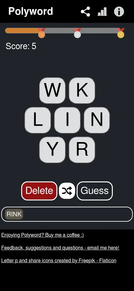 Polyword at phone size on 18 October 2026: the word RINK found for 5 points, reaching the bronze medal, above the seven letter tiles