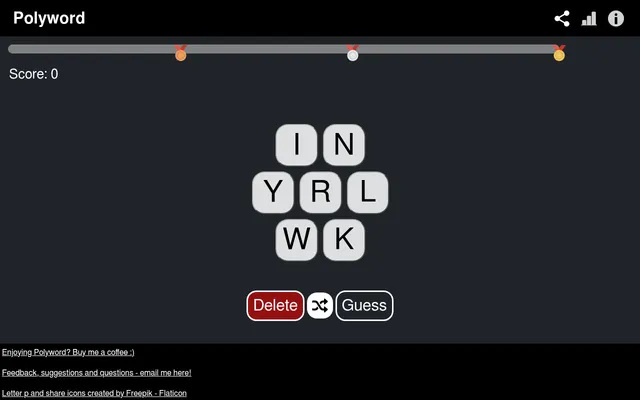 Polyword's board for 18 October 2026: seven letter tiles W, R, I, N, K, L and Y, an empty score bar with bronze, silver and gold medals, and Delete, shuffle and Guess buttons