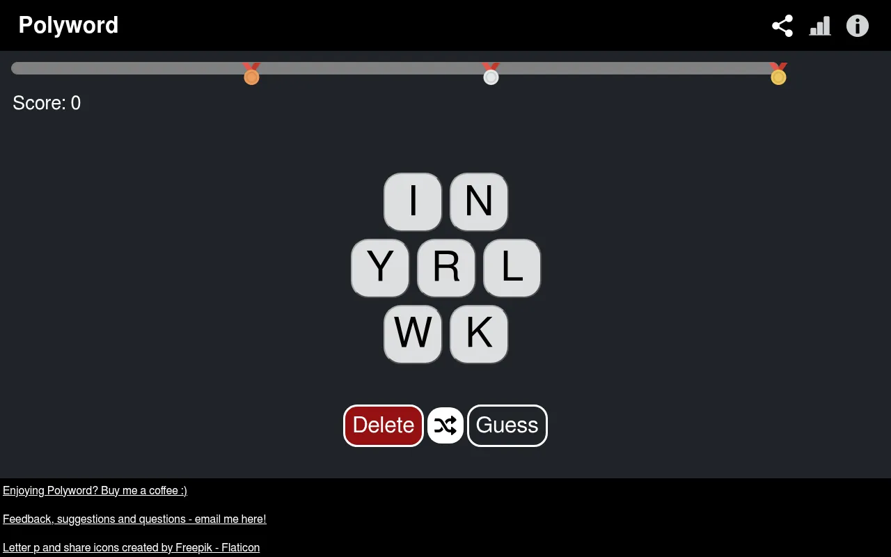 Polyword's board for 18 October 2026: seven letter tiles W, R, I, N, K, L and Y, an empty score bar with bronze, silver and gold medals, and Delete, shuffle and Guess buttons