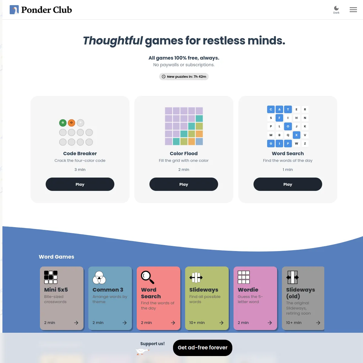 Ponder Club home page: Thoughtful games for restless minds, a countdown to new puzzles, and cards for Code Breaker, Color Flood, Word Search, Mini 5x5, Common 3, Slideways and Wordie