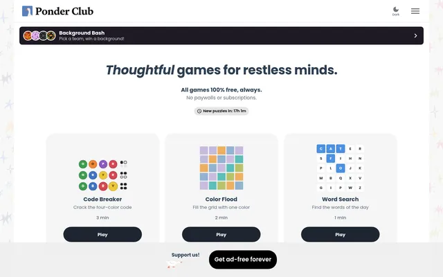 Ponder Club home page: Thoughtful games for restless minds, a countdown to new puzzles, and cards for Code Breaker, Color Flood and Word Search with their boards and Play buttons