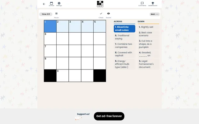 Ponder Club's Mini 5x5 crossword for 22 October 2026 at desktop size: an empty 5x5 grid with two black squares beside its Across and Down clues