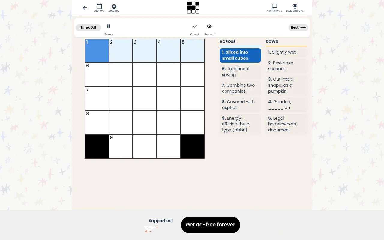 Ponder Club's Mini 5x5 crossword for 22 October 2026 at desktop size: an empty 5x5 grid with two black squares beside its Across and Down clues