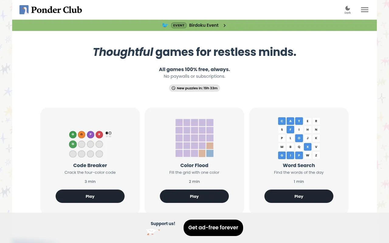 Ponder Club home page: Thoughtful games for restless minds, a countdown to new puzzles and cards for Code Breaker, Color Flood and Word Search