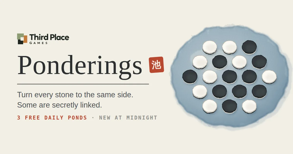 Ponderings' own art: the title with a red pond seal beside a round watercolour pond of pale and ink stones, and the words 3 free daily ponds