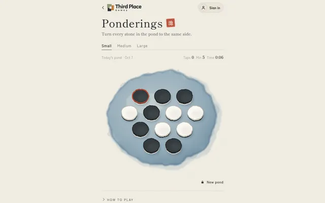 Ponderings' Small daily pond for Oct 7: twelve pale and ink stones in a blue watercolour pond, with Taps 0 and Min 5 shown above