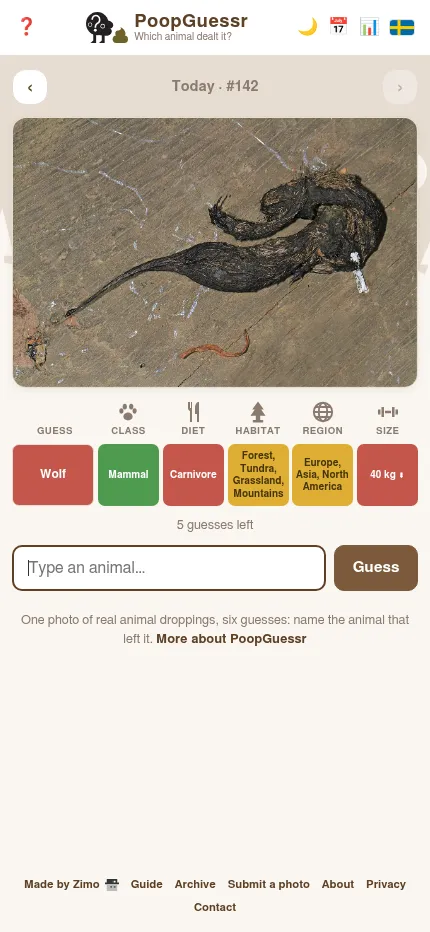 PoopGuessr day 142 at phone size: the droppings photo above a row of clue cells for the guess Wolf and the guess box
