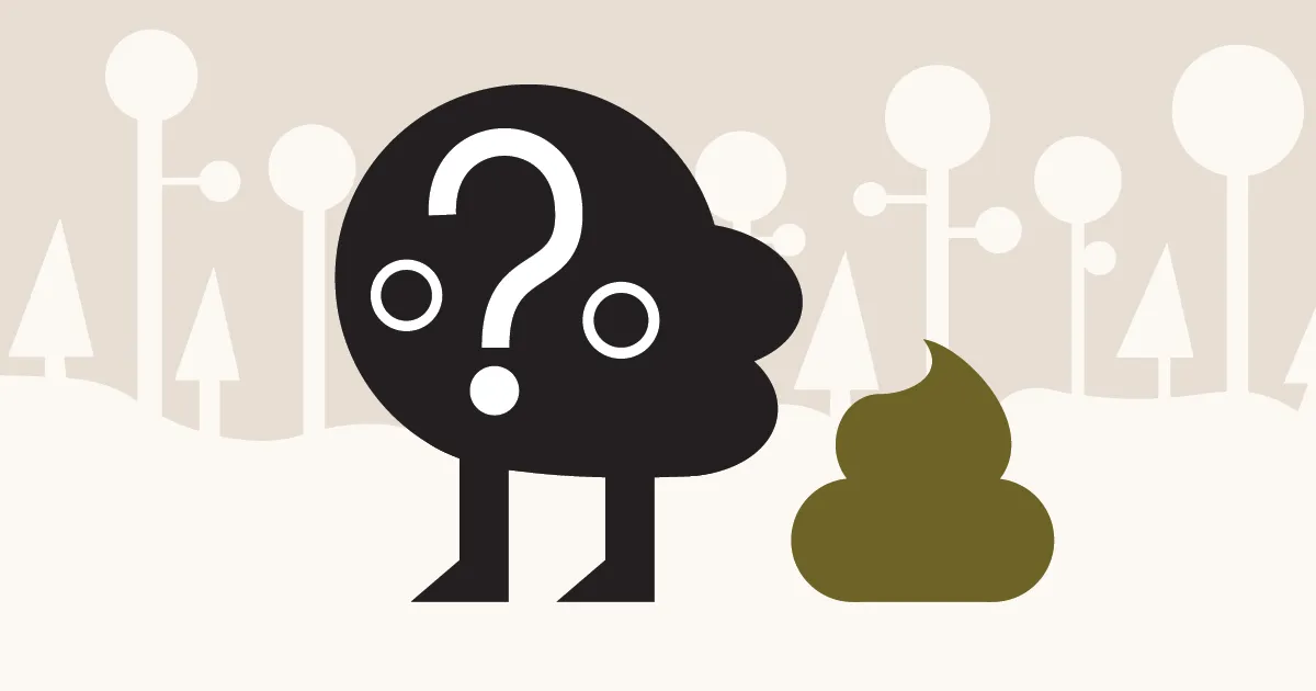 PoopGuessr card: a mystery creature with a question mark beside a pile of droppings in a stylised forest