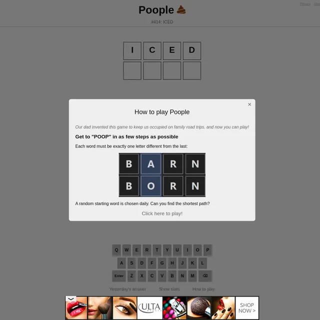 Poople puzzle #414 with the starting word ICED at the top of a grid and an empty next row, a keyboard below, over a How to play panel: get to POOP in as few steps as possible, each word one letter dif