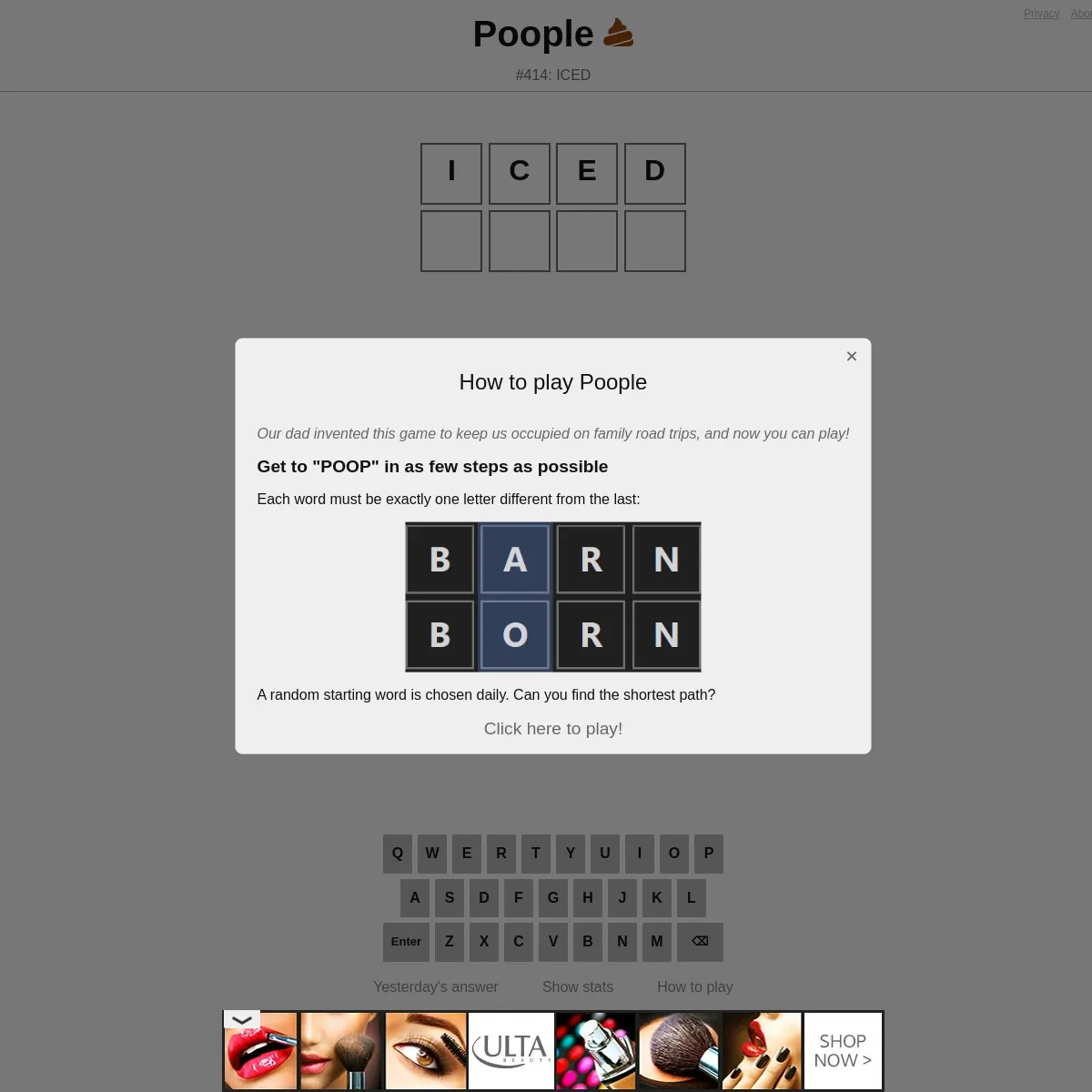 Poople puzzle #414 with the starting word ICED at the top of a grid and an empty next row, a keyboard below, over a How to play panel: get to POOP in as few steps as possible, each word one letter dif