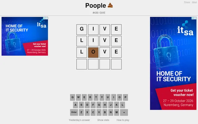 Poople puzzle #430 at desktop size: the start word GIVE, then LIVE and LOVE, with the O of LOVE marked brown as in place for POOP, and the on-screen keyboard below
