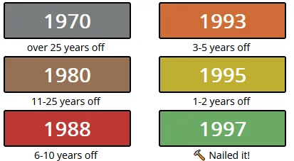 PopCultured's guess colours from its how-to-play guide: grey 1970 for over 25 years off, then brown, red, orange and yellow as guesses close in, and green 1997 for the right year