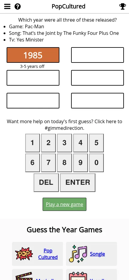 PopCultured at phone size: the three clues, an orange 1985 guess marked 3-5 years off, six answer boxes and the on-screen number pad