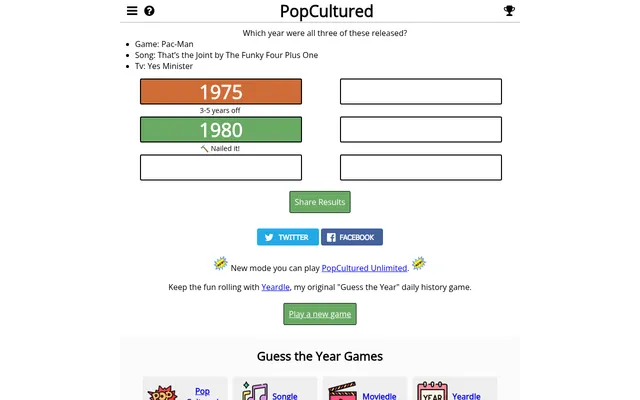 Today's PopCultured on a desktop: clues Pac-Man, That's the Joint by The Funky Four Plus One and Yes Minister, an orange 1975 guess marked 3-5 years off and a green 1980 marked Nailed it