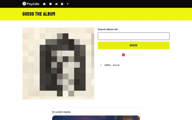 PopIdle's daily board on 22 October 2026: a pixelated cream and black album cover after one wrong guess, ABBA - Arrival, with the search box and Guess button