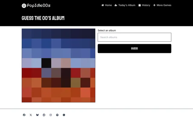 PopIdle00s, Guess the 00's album: a heavily pixelated album cover in blue, red and orange blocks beside a search box and a Guess button