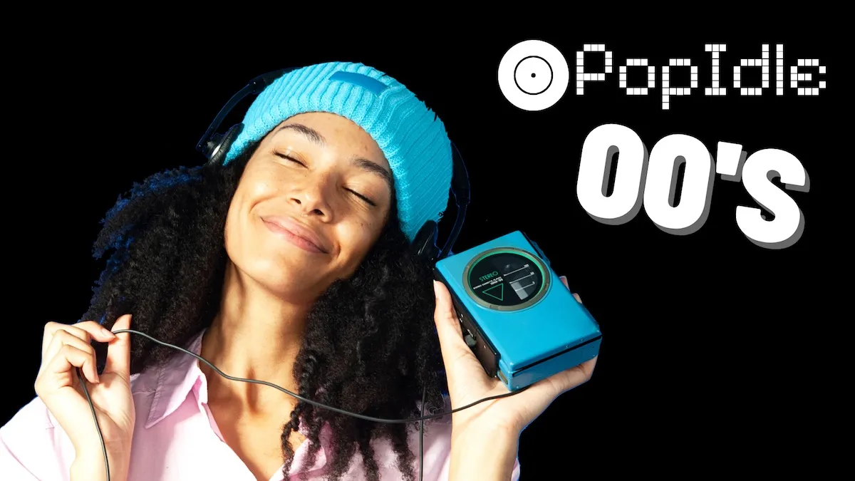 PopIdle 00's share card: the PopIdle logo and 00'S beside a woman listening to a cassette player with headphones