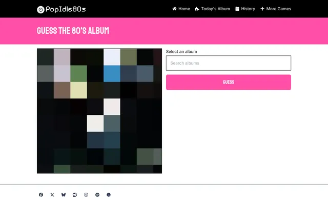 PopIdle80s, Guess the 80's album: a heavily pixelated dark album cover in black, grey and blue blocks beside a search box and a pink Guess button