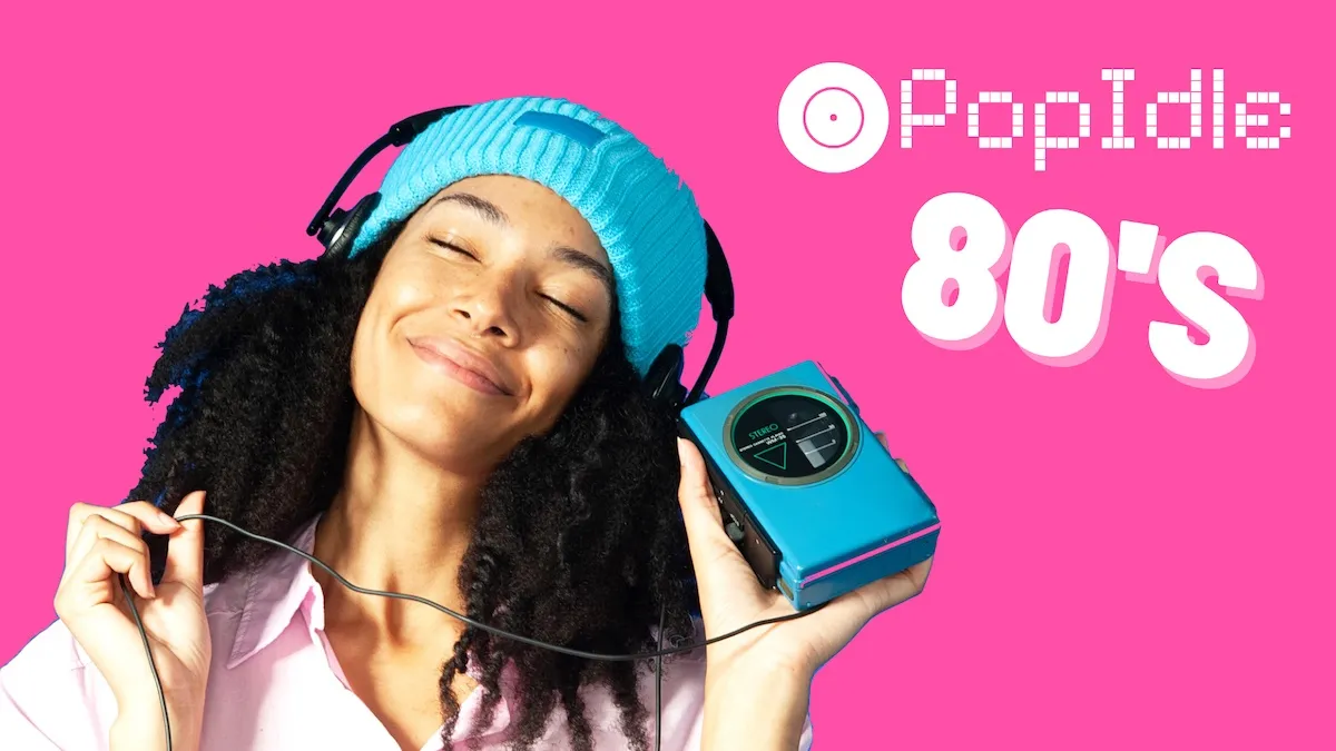 PopIdle 80's share card on pink: the PopIdle logo and 80'S beside a woman listening to a cassette player with headphones
