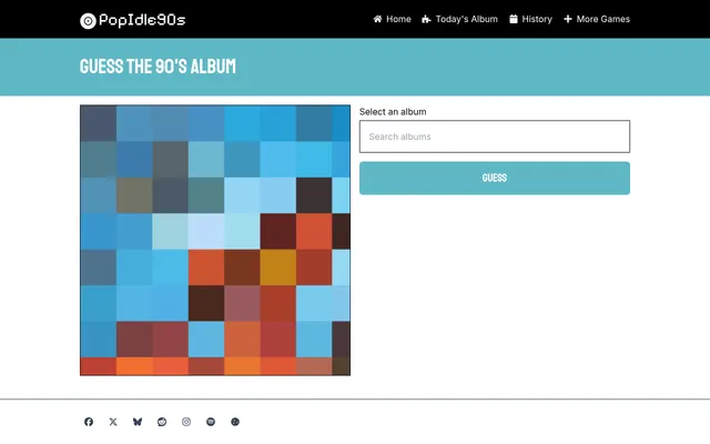 PopIdle90s, Guess the 90's album: a heavily pixelated album cover in blue, orange and red blocks beside a search box and a teal Guess button