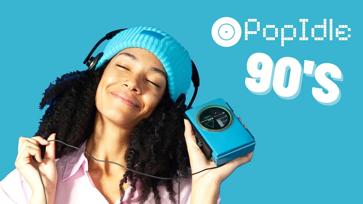 PopIdle 90's share card on blue: the PopIdle logo and 90'S beside a woman listening to a cassette player with headphones
