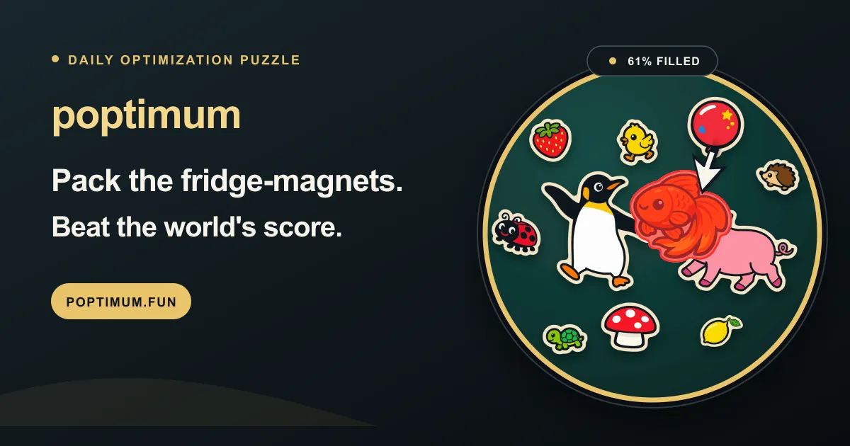 Poptimum share image: cartoon fridge magnets packed into a round board, 61 percent filled