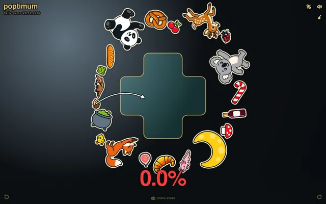 Poptimum's board for 20 October 2026: a plus-shaped board with the day's magnets around it, a panda, koala, fox, moon, pretzel and candy cane, and 0.0% filled below