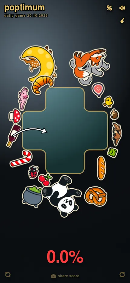 Poptimum on a phone: the plus-shaped board of 20 October 2026 in the middle of the screen with the day's magnets around it and the fill percentage below