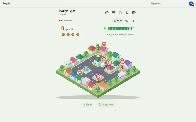 The Porchlight board, Daily #3 at Medium: an isometric toy town with the van at the depot, four parcel badges, two petrol stations, 0 / par 18 and a fuel gauge at 14