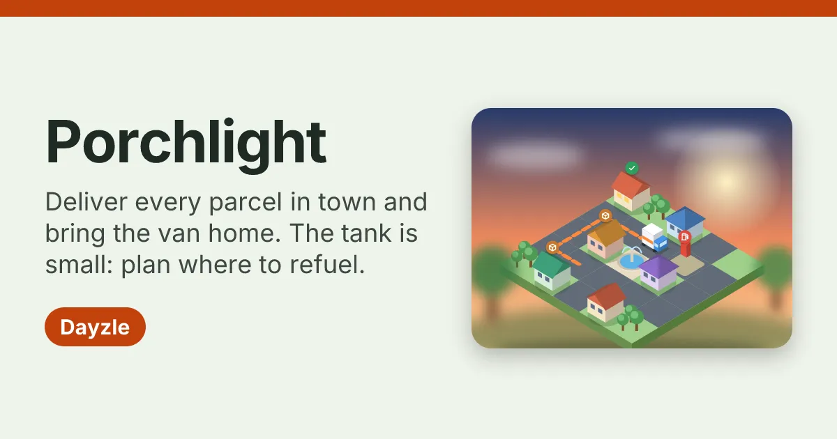 Porchlight's own card: the name, the rule about delivering every parcel and planning where to refuel, and a toy town at sunset with the van's dashed orange route