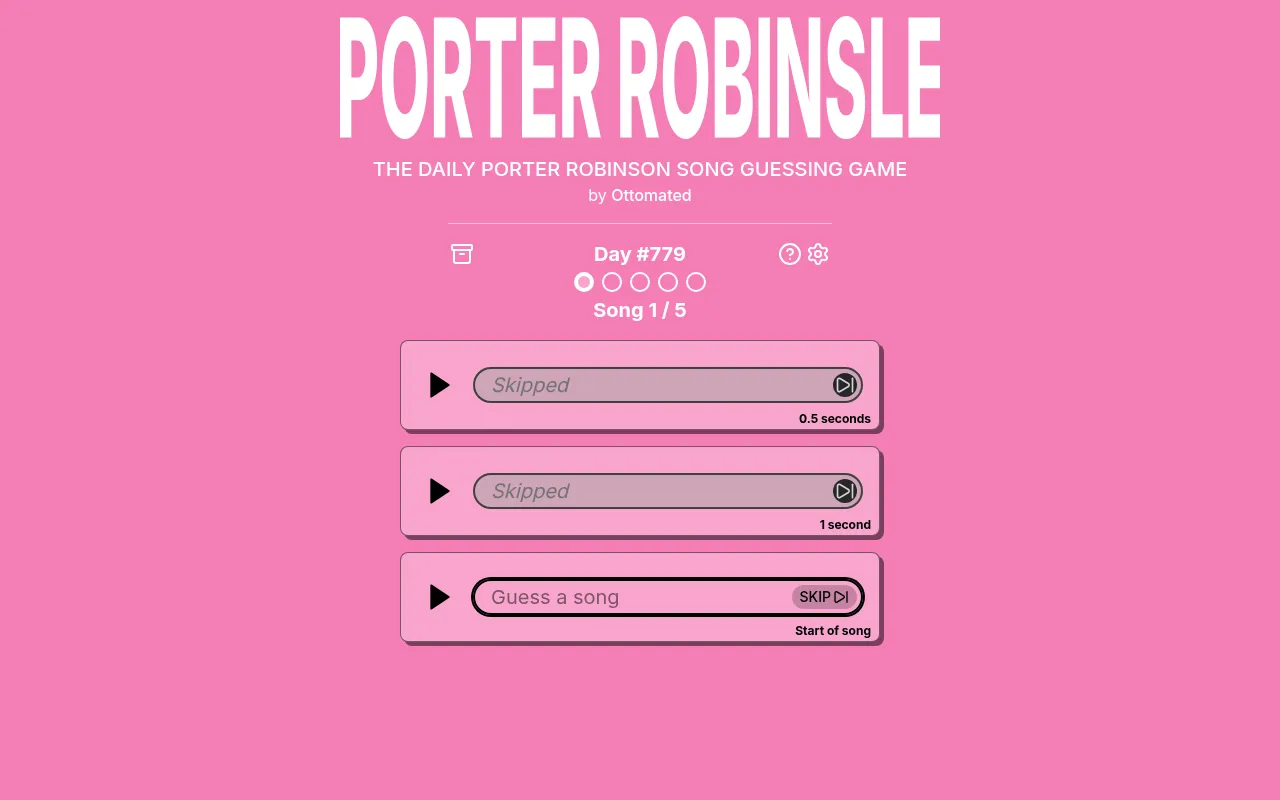 Porter Robinsle on Day #779 after two skips: the half-second and one-second clues marked Skipped and the Start of song clue open for a guess