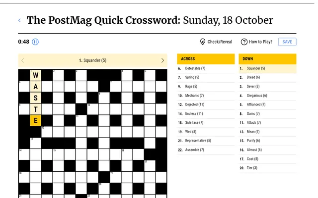 PostMag Quick Crossword for Sunday 18 October being played: WASTE entered at 1 Down in the 13x13 grid, the timer and Check/Reveal above, Across and Down clues beside it.