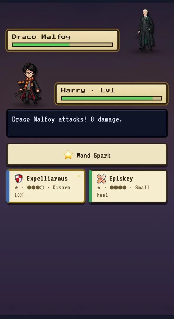 A Potterlike duel: health bars for both wizards, a message reading attacks, 8 damage, and spell buttons for Wand Spark, Expelliarmus and Episkey