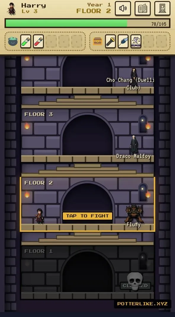 Potterlike's Tower in play: stacked stone floors with an opponent named on each, the player's wizard on floor 2 next to a Tap to fight button, and potions and relics in the top bar